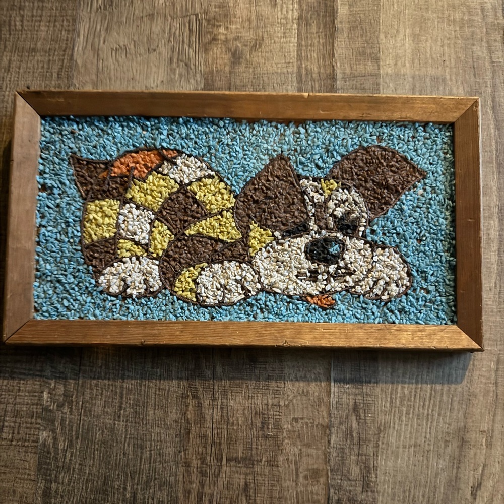 Vintage Kitsch Gravel Art Puppy Dog Wall Hanging, 1960s MCM Pebble Mosaic